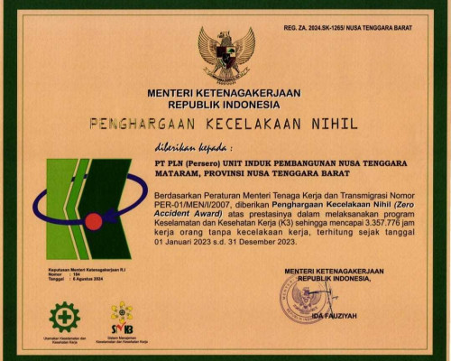 PLN UIP Nusra Raih Penghargaan Zero Accident dan SMK3 Kemenaker RI 